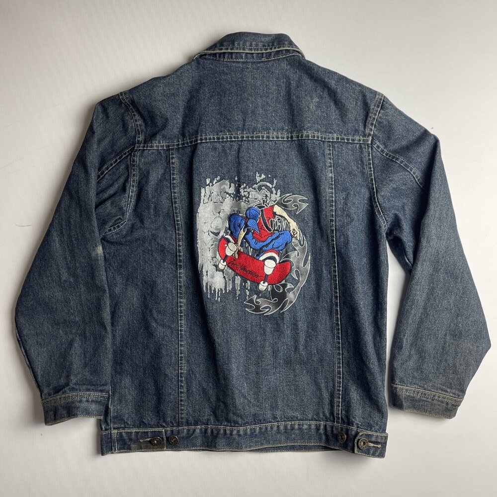 VTG Zero Nineteen Denim Jacket Youth L Y2K 90's Hip Hop Skater embroidery READ*